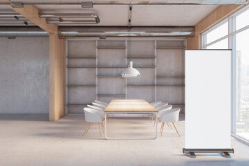 Modern concrete and light wooden industrial style meeting room interior with empty white mock up poster, window and city view. Workplace and presentation concept. 3D Rendering.