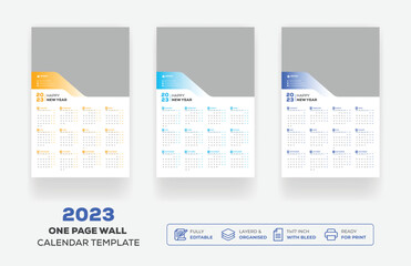 One Page Wall Calendar 2023 Or Monthly Plan Modern Corporate One Page Creative Wall Calendar 2023 Set Template Design 