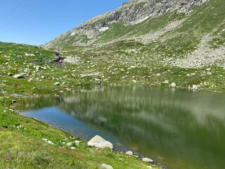 Summer atmosphere on the Lago dei Morti or Lake of the Dead (Totensee) in the Swiss alpine area of...