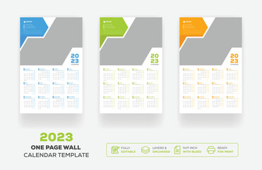 One Page Wall Calendar 2023 Or Monthly Plan Modern Corporate One Page Creative Wall Calendar 2023 Set Template Design 