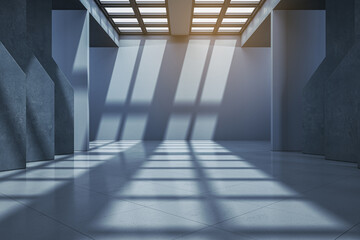 Clean dark concrete gallery interior with sunlight and shadows. 3D Rendering.