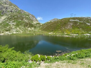 Summer atmosphere on the Lago dei Morti or Lake of the Dead (Totensee) in the Swiss alpine area of...