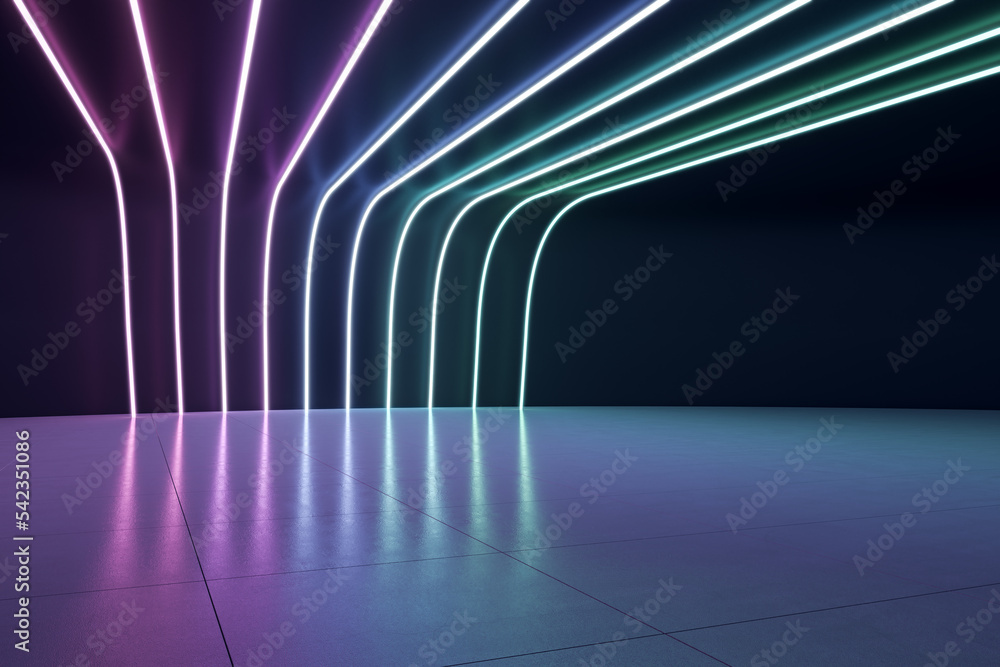 Poster Perspective view on multi colored neon lamps along dark wall in spacious empty hall with blank concrete floor for your product presentation. 3D rendering, mock up