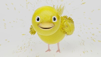 3d image, 3d render of a yellow chick, a small bird, on a white background.