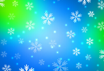 Light Blue, Green vector template with ice snowflakes, stars.