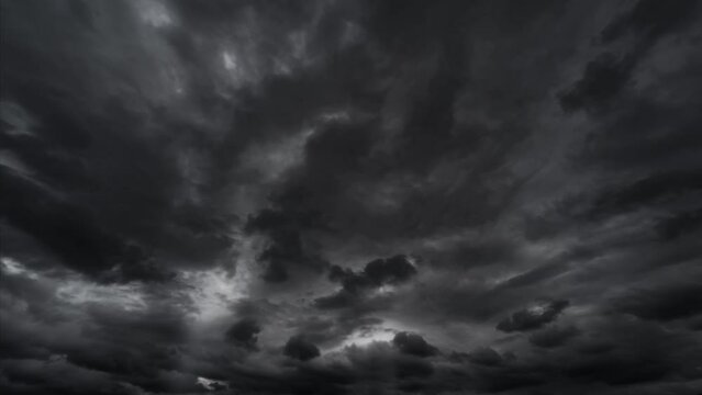 timelapse of dark dramatic sky with black stormy clouds before rain or snow as abstract background, wind and extreme weather