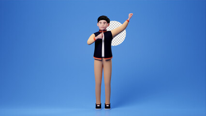 Obraz premium Casual man cartoon character singing and relaxing , 3d render blue backdrop