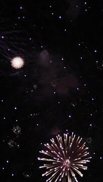 Colorful glitz bright fireworks in the night sky. Feast day. Vertical orientation. The concept of a independence day, new year and celebration