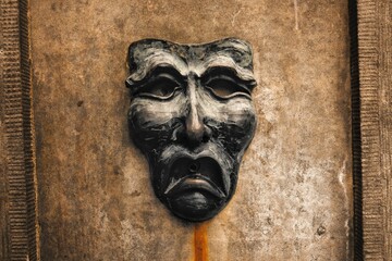 Close-up van een oud, droevig gezichtsstandbeeld van een muurfontein