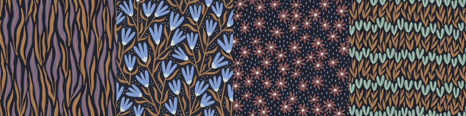 Set of hand-drawn seamless patterns with stylized wildflowers. Colorful floral illustrations for paper and gift wrap. Fabric print textured design. Creative stylish meadow background.