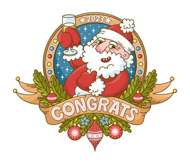 Vector logo design for New Year and Christmas. Hand-drawn illustration with Santa Claus in retro cartoon style with lettering, christmas decorations, banner, and garland.