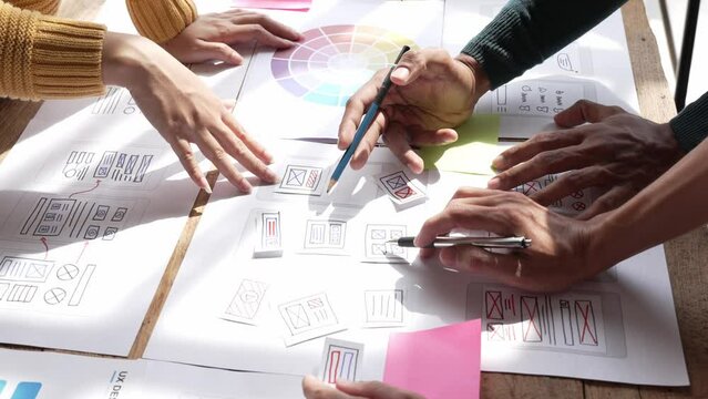 ux Graphic designer creative sketch planning application process development prototype wireframe for web mobile phone . User experience concept.