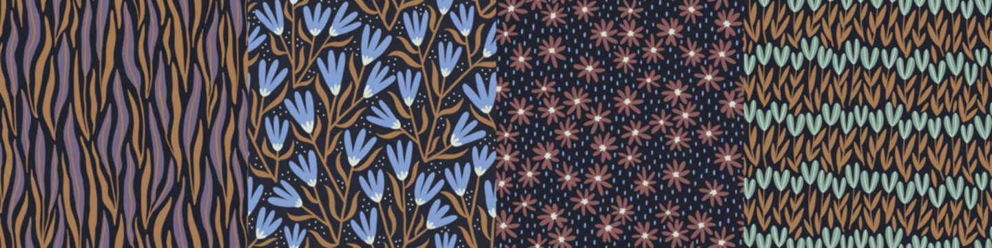 Set of hand-drawn seamless patterns with stylized wildflowers. Colorful floral illustrations for paper and gift wrap. Fabric print textured design. Creative stylish meadow background.