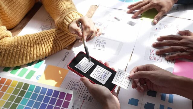 ux Graphic designer creative sketch planning application process development prototype wireframe for web mobile phone . User experience concept.