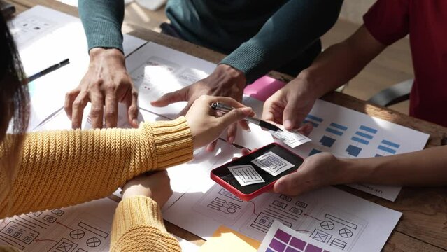 ux Graphic designer creative sketch planning application process development prototype wireframe for web mobile phone . User experience concept.