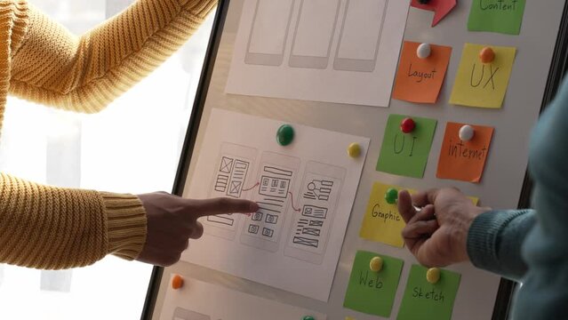 ux Graphic designer creative sketch planning application process development prototype wireframe for web mobile phone . User experience concept.
