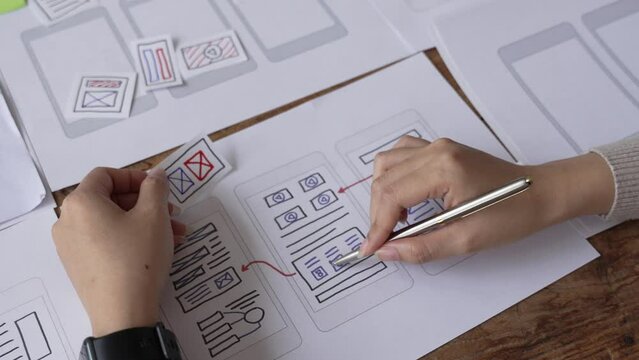 ux Graphic designer creative sketch planning application process development prototype wireframe for web mobile phone . User experience concept.
