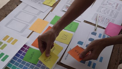 ux Graphic designer creative sketch planning application process development prototype wireframe for web mobile phone . User experience concept.