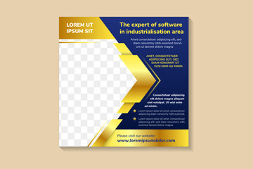 the expert of software in industrialisation area Banner design Template, Social Media Post with gold gradient arrow elements and blue background. half Hexagon shape as space for photo collage.