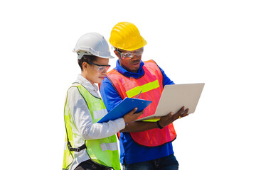 Female foreman safety vest using clipboard checklist and Worker man in hardhat holding laptop for...