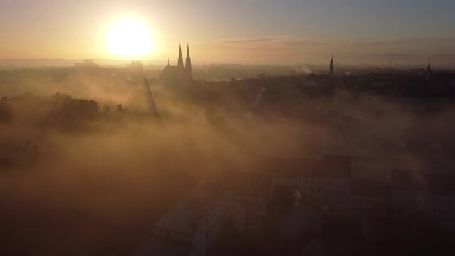 goerlitz city view from a drone, foggy autumn morning, view of the old town, towers, churches. Saxony, Germany