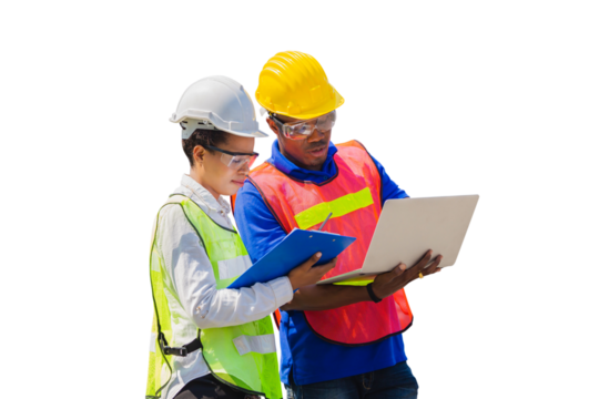 Female foreman safety vest using clipboard checklist and Worker man in hardhat holding laptop for control loading containers box from cargo