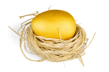 Golden egg in nest isolated on white background