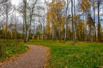 Autumn landscapes in the Sergeevka park on the territory of the former estate of the Leuchtenbergskys in the Leningrad region.