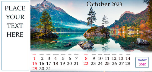 October 2023. Desktop monthly calendar template with place logo and contact information. Set of calendars with amazing landscapes. Beautiful autumn scene of Hintersee lake, Bavarian Alps, Germany.