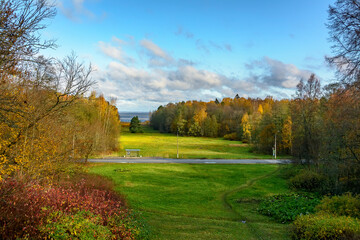 Large lawn overlooking the Gulf of Finland.from the front side of the Leuchtenbergsky Palace in Sergeevka Park.