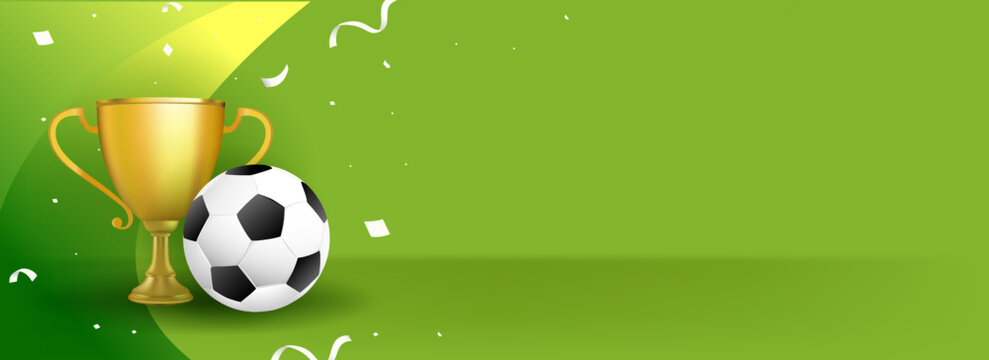 Soccer banner template vector illustration. Golden trophy cup with football ball on green background