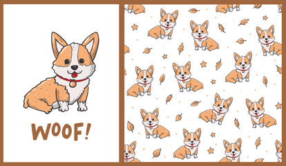 Set of poster and seamless pattern with corgi. Good for nursery prints, apparel decor, stickers, wallpaper, wrapping paper, stationary, etc. EPS 10