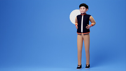 Casual man cartoon character put both hand on the waist, 3d render blue backdrop