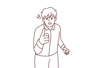 Angry man point at screen accuse or blame someone. Furious guy threaten to person feel outraged and distressed. Vector illustration.