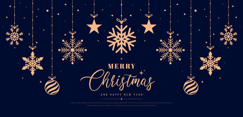 Merry christmas greeting card with christmas balls and snowflake, stars, hanging on ribbon. Merry Christmas and Happy New Year lettering. Suit for poster, banner, card, web. Vector illustration