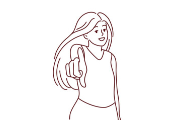 Smiling woman look at camera making hand gesture. Happy female point at screen make choice or decision. Vector illustration.