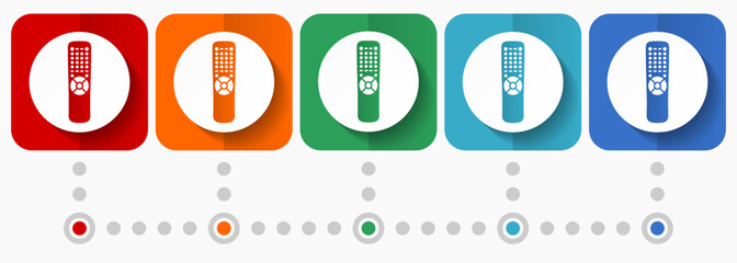 Fototapeta premium Tv remote control, television vector icons, infographic template, set of flat design symbols in 5 color options