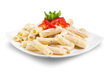 Pasta. Penne Pasta with Bolognese Sauce, Parmesan Cheese and Basil on a Fork. Italian Cuisine. Mediterranean food