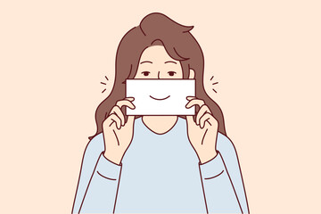 Smiling young woman holding paper with smile. Happy girl with note show smirk. Good mood and laughter. Vector illustration. 