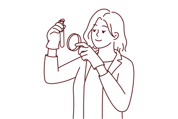 Female scientist in white medical uniform explore tube with magnifying glass. Woman researcher analyze laboratory specimen with magnifier. Vector illustration.