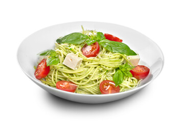Delicious pasta with vegetables on white plate on white background