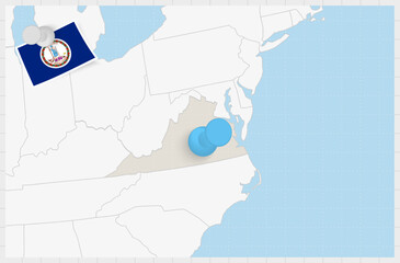 Map of Virginia with a pinned blue pin. Pinned flag of Virginia.