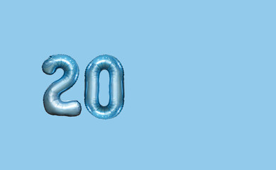 number 20 balloons,  year 20, card background blue.