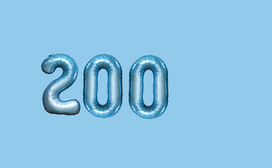 number 200 blue balloons on a blue background space for text congratulations