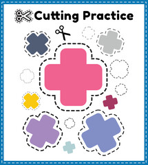 Cutting practice for kids. Education developing worksheet. Activity page with pictures. Color game for children. Isolated vector illustration. Funny character. Cartoon style.