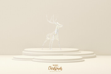 Reindeer with podium on pastel beige background. Stage for holiday winter concept and poster, banner, studio. Merry Christmas and Happy New Year 2023. 3D render