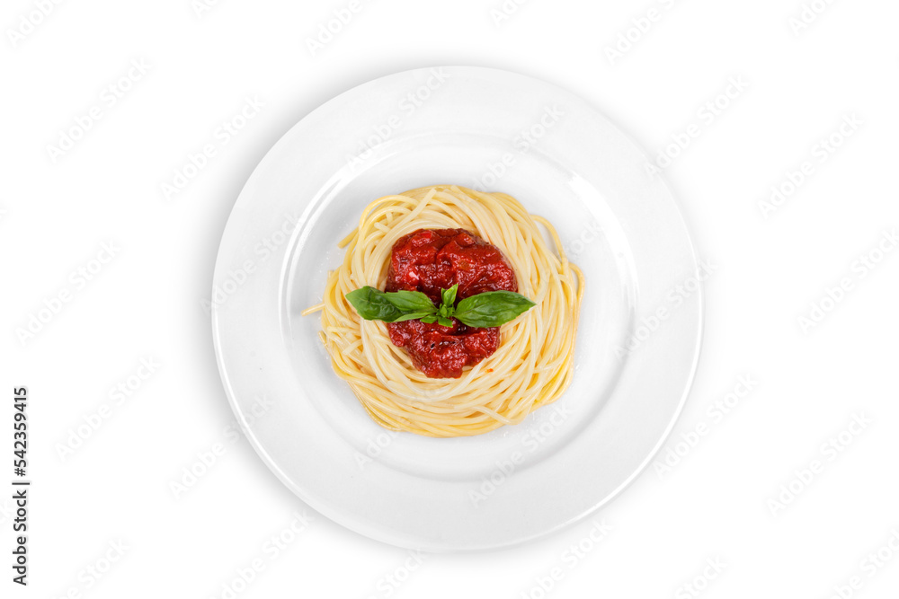 Sticker Spaghetti on plate top view with clipping path against green background