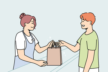 Smiling female cashier give cardboard bag to happy male customer in shop. Happy woman seller hand package to excited man client in store. Vector illustration. 