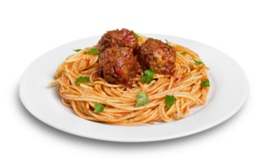 Spaghetti pasta with Meatballs and tomato sauce, cose-up view