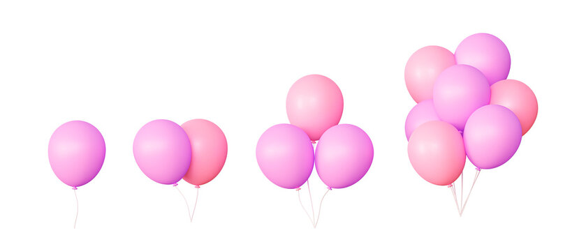 Pink balloons flying on a thread. Decoration Elements for a greeting card on March 8, new year and birthday. 3d rendering illustration isolated on pink background